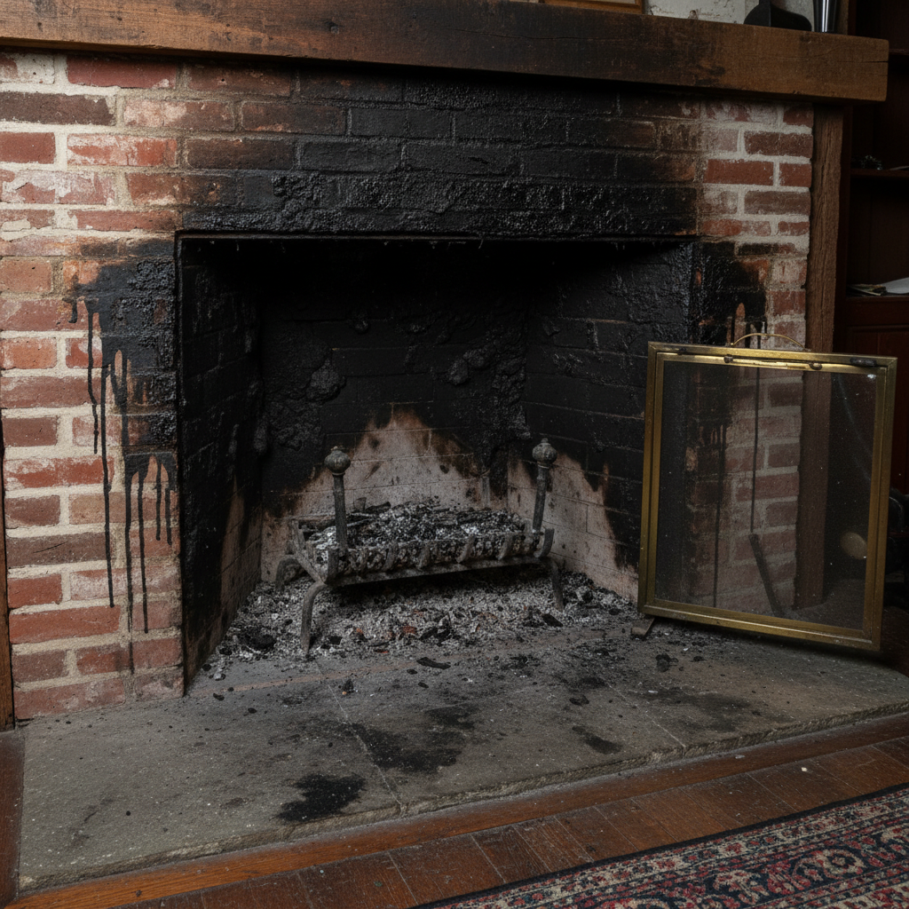 Before chimney cleaning Greater Boston MA showing creosote buildup