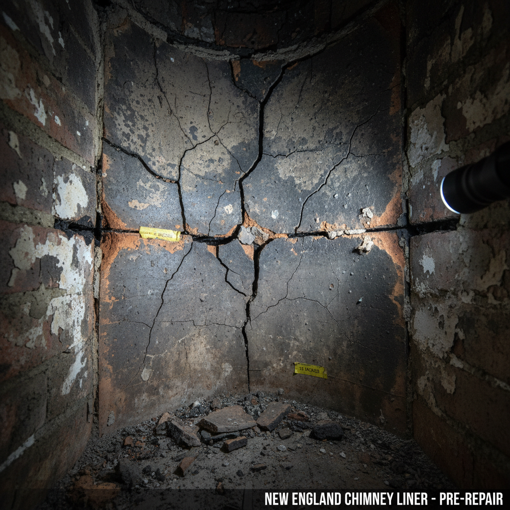 Before flue liner repair Greater Boston MA damaged interior